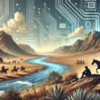 A rugged landscape resembling the American West, with a blend of digital technology (like circuit boards, glowing data streams) subtly integrated into the environment.