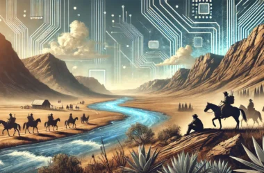 A rugged landscape resembling the American West, with a blend of digital technology (like circuit boards, glowing data streams) subtly integrated into the environment.