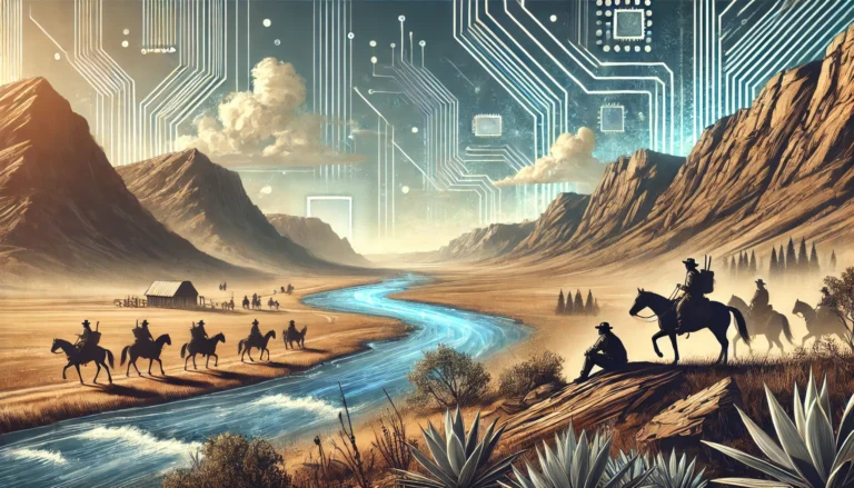 A rugged landscape resembling the American West, with a blend of digital technology (like circuit boards, glowing data streams) subtly integrated into the environment.