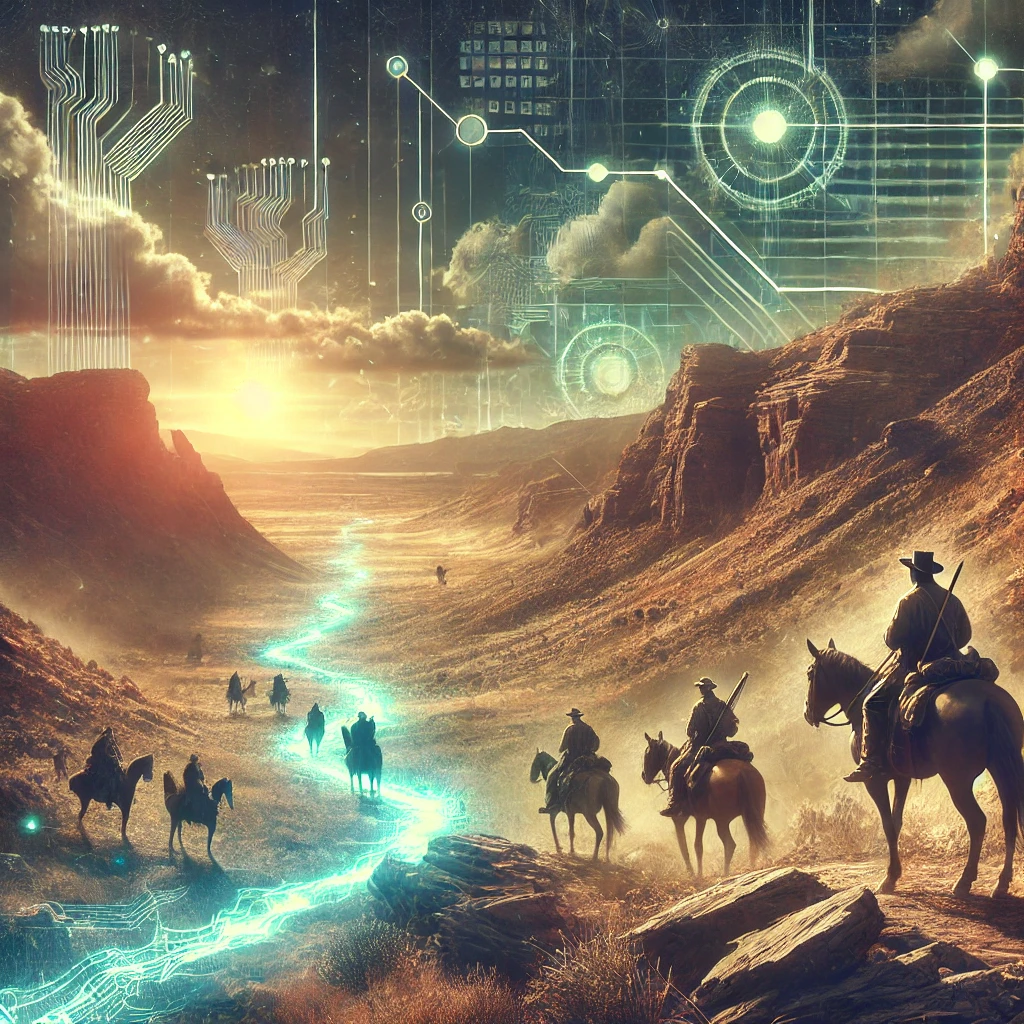 An image showing pioneers venturing into new territories, but with a modern twist